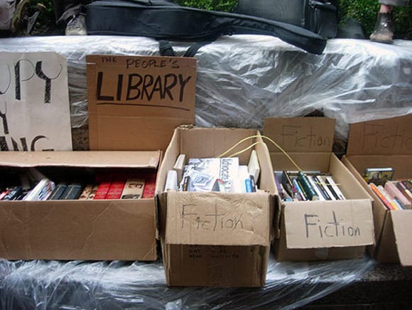 The Occupy Wall Street People’s Library, Zuccotti Park, October 1, 2011, prior to the police raid (photograph © Greg Sholette)