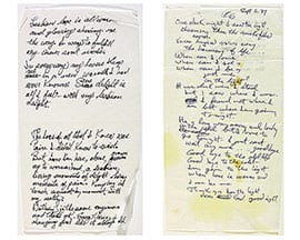 036_CAA_SU13_sml Veronica Friedman, Napkin poems, 1981 and September 6, 1987, Veronica Friedman
Papers, Gay, Lesbian, Bisexual, Transgender Historical Society, San Francisco (photograph © Barbara McBane)