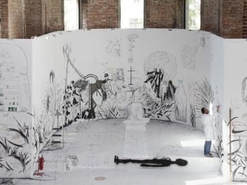 Draftsmen’s Congress, initiated by Pawel Althamer, 2012, installation view, Elisabeth-Kirche, Berlin, 2012 (photograph © Marta Gornicka, provided by Berlin Biennale) Visitors were invited to draw and paint on white panels placed throughout the church.