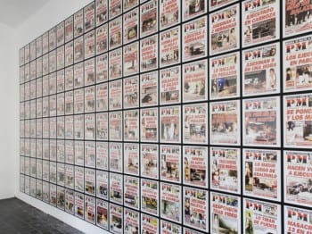 Teresa Margolles, PM 2010, 2012, installation view, KW Institute for Contemporary Art, Berlin, 2012 (artwork © Teresa Margolles; photograph © Marta Gornicka, provided by Berlin Biennale) For a year the artist collected the front pages of the daily tabloid PM, published in Ciudad Juárez, a US-Mexico border cities. 