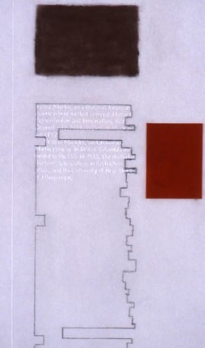 Detail of Karen L. Schiff, Agnes Martin, College Art Association News, March 2005, opening, 2005, graphite, pastel, ruby lith, and stylus on vellum, 12 x 18 inches (artwork © Karen L. Schiff)