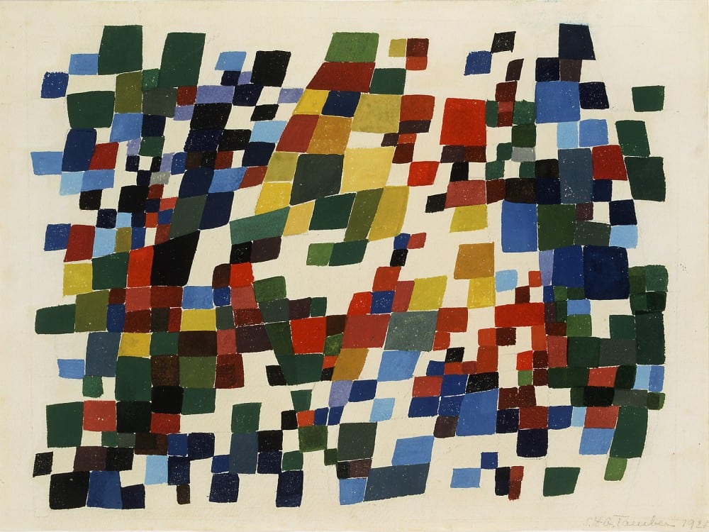 Sophie Taeuber-Arp, Composition in Dense, Polychrome, Quadrangular Spots (Composition en taches quadrangulaires, polychromes, denses), 1921, gouache, 10¼ x 13¾ in. (26 x 35 cm). Stiftung Hans Arp und Sophie Taeuber Arp e.V., inv. 003.121 (artwork in the public domain; photograph provided by Stiftung Hans Arp und Sophie Taeuber-Arp)