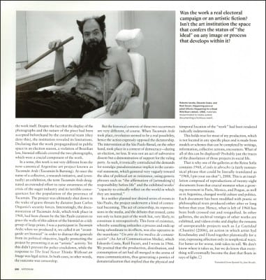 Nicolás Guagnini and Roberto Jacoby, “1000 Words: Roberto Jacoby Talks about El alma nunca piensa sin imagen (The Soul Never Thinks without an Image), 2010,” page 250 from Artforum International 49, no. 7, March 2011 (page © Artforum International; photograph by Rosana Schoijett)