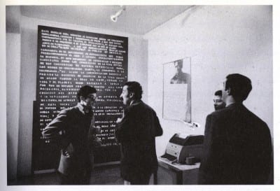 Roberto Jacoby, Mensaje en el Di Tella(Message in the Di Tella), 1968,  message board and lettering, photograph, and telex machine, dimensions variable, installation view, Instituto Torcuato di Tella, Experiencias ’68, 1968 (artwork © Robert Jacoby; photograph provided by the artist)