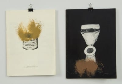 Nicolás Guagnini, 77 Testicular Imprints, 2007,  detail of altered original Piero Manzoni and Claes Oldenburg posters, dimensions of series variable (artwork © Nicolás Guagnini; photograph provided by the artist)