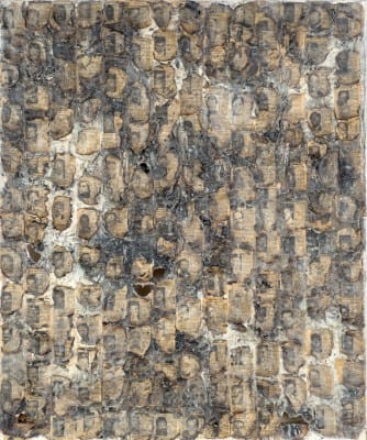 Rudy Lemcke, Cinders, 1996, mixed media, obituaries from Bay Area Reporter newspaper, oil, beeswax on canvas, 36 x 24 in. (91.44 x 60.96 cm.) (artwork © Rudy Lemcke)