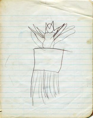 Carolee Schneemann, The Exuberant Cat, made at age four, 1943, pencil on paper, 7 x 5 in. (17.8 x 12.7 cm) (artwork © Carolee Schneemann; photograph provided by the artist)