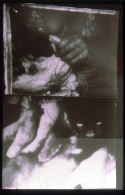 Carolee Schneemann, Kitch’s Last Meal, 1973–76, Super 8mm film, double projection, vertical, sound on cassette, ca. 5 hrs., two installation views (artwork © Carolee Schneemann; photographs provided by the artist)