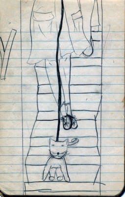 Carolee Schneemann, Cat on Leash, made at age seven, ca. 1946, pen on notepaper, 9 x 4 in. (22.9 x 10.2 cm) (artwork © Carolee Schneemann; photograph provided by the artist)