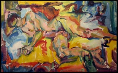 Carolee Schneemann, Personae: JT and the 3 Kitchs, 1957, oil on canvas, 32 x 50 in. (81.3 x 127 cm) (artwork © Carolee Schneemann; photograph provided by the artist)