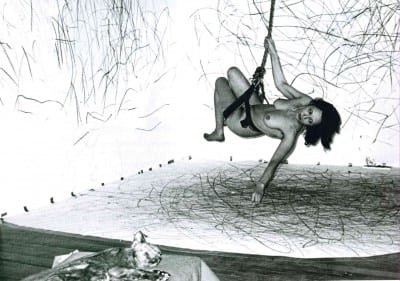 Carolee Schneemann, Up to and Including Her Limits, 1973–76, performance, live video relay, crayon on paper, rope, harness suspended from ceiling, dead Kitch on a plinth. The Kitchen, New York, 1976 (artwork © Carolee Schneemann; photograph by Allen Tannenbaum, provided by the artist)