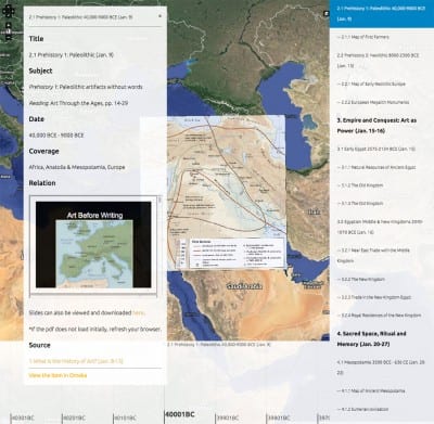 From “Neatline: Syllabus as Interactive Visualization”  by Caroline Bruzelius and Hannah Jacobs. Introduction to Art History, Unit 2, Lecture 1: Prehistory: Paleolithic. Lectures contain readings, dates, spatial coverage, lecture slides, maps providing historical context, and other relevant information (image created by Wired! Lab at Duke University)