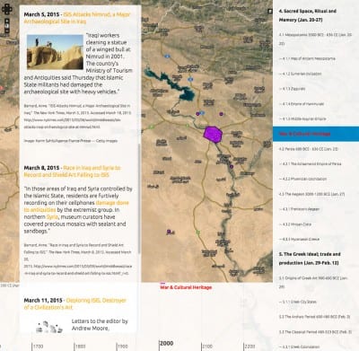 From “Neatline: Syllabus as Interactive Visualization” by Caroline Bruzelius and Hannah Jacobs. This syllabus included information on current events in addition to the lecture, such as the Islamic State’s attacks on important heritage sites. We mapped the locations under assault for the students and provided links to news articles discussing the Islamic State’s movements (image created by Wired! Lab at Duke University)