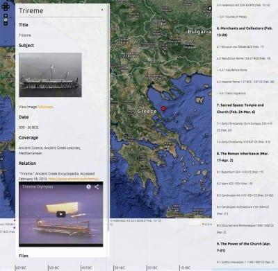 From “Neatline: Syllabus as Interactive Visualization” by Caroline Bruzelius and Hannah Jacobs. Certain cultural objects of particular important to the course were visualized: here, a point on the map refers to information about triremes (ships built by ancient Greeks for use in war). A supplementary image and video shows students trireme replicas in action (image created by Wired! Lab at Duke University)