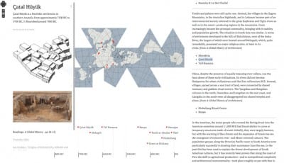 From  “Challenging the Canon: Using a Digital Platform for a Survey of World Architectures" by Solmaz Mohammadzadeh Kive. Screenshot of a sample interface for "Module 2: A Global History" created by Solmaz Kive in Omeka, based on A Global History of Architecture by Francis D. K. Ching, Mark M. Jarzombek, and Vikramaditya Prakash (Hoboken, NJ: Wiley, 2010) 