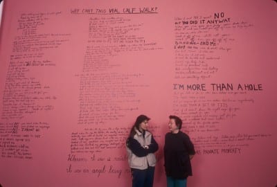 Karen Finley, A Woman’s Life Isn’t Worth Much, 1990, performance, Franklin Furnace, New York, May 18, 1990 (artwork © Karen Finley; photograph by Marty Heitner provided by Franklin Furnace Archive) from left: Karen Finley and Martha Wilson 