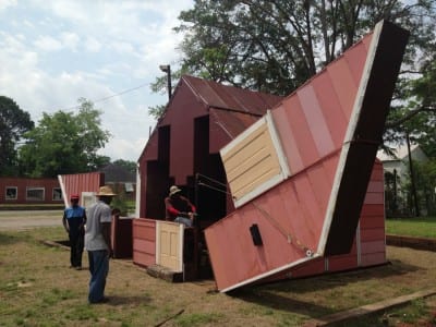 Matthew Mazzotta, Open House: A Transforming Theater for York, Alabama, 2013, Coleman Center for the Arts, York, Alabama (artwork © Matthew Mazzota; photograph provided by Coleman Center for the Arts) The artist worked with the people of York to transform an abandoned home. When its walls and roof are folded out, it becomes an open-air theater that seats one hundred for performances and film showings.