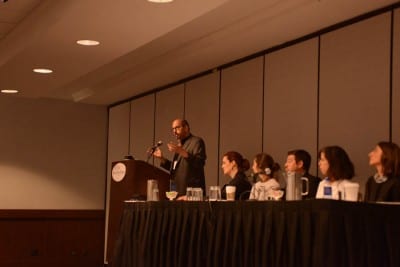 Photo of panelists at the Society of Contemporary Art Historian's panel, Histories and Economies of Contemporary Art, which was held  at the College Art Association 103rd Annual Conference in New York, on February 11, 2015 (photograph by Bradley Marks)