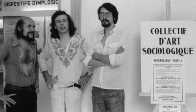 Sociological Art Collective (from left to right: Fred Forest, Hervé Fischer, Jean-Paul Thénot) at the 37th Biennale di Venezia, 1976  (photograph © Sociological Art Collective; archives: Hervé Fischer)