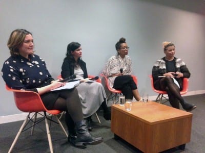 Left to right: Museum of Modern Art Director of Digital Content and Strategy, Fiona Romeo, with writer Orit Gat, New York Times technology columnist Jenna Wortham, and artist and activist Reina Gossett during the Art+Feminism Wikipedia Edit-a-thon opening conversation on contemporary feminisms and digital culture, held at the Museum of Modern Art, New York, on March 5, 2016.  (photograph © Chelsea Spengemann)