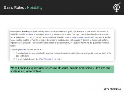 Art+Feminism Training Slide on Notability, available to download on Wikipedia. Source: https://en.wikipedia.org/wiki/Wikipedia:Meetup/ArtAndFeminism/Resources#Meetup_organizer_materials