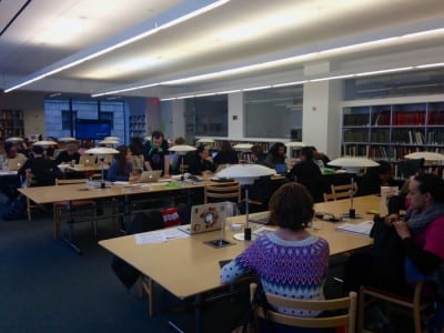 Participants working in the Museum of Modern Art’s library and archive. A reference librarian and trained Wikipedeans were available for questions. (photograph © Chelsea Spengemann)