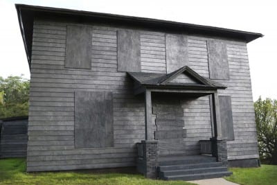 Diana Shpungin, installation view of Drawing of a House (Triptych),  2015, graphite pencil on house at 333 Rumsey Street in Grand Rapids, Michigan, with multi-channel audio and hand-drawn video animation, dimensions variable (artwork © Diana Shpungin) 