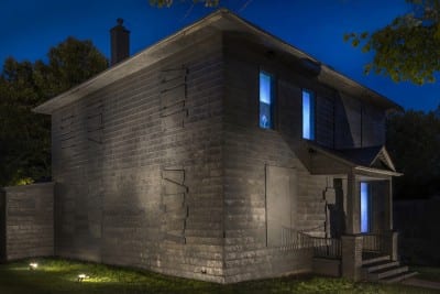 Diana Shpungin, installation view of Drawing of a House (Triptych),  2015, graphite pencil on house at 333 Rumsey Street in Grand Rapids, Michigan, with multi-channel audio and hand-drawn video animation, dimensions variable (artwork © Diana Shpungin)