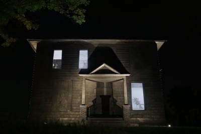Diana Shpungin, installation view of Drawing of a House (Triptych),  2015, graphite pencil on house at 333 Rumsey Street in Grand Rapids, Michigan, with multi-channel audio and hand-drawn video animation, dimensions variable (artwork © Diana Shpungin)