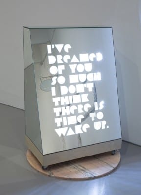 Shana Lutker, A handsome confused puppet, 2015, mirrored glass box, fluorescent lights, wood, marble, casters, 49 x 30 x 19 in. (124.4 x 76.2 x 48.2 cm) (artwork © Shana Lutker; photograph by Cathy Carver)