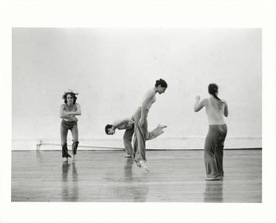 Babette Mangolte, Trisha Brown “Locus,” 1975 (photograph © 1975 Babette Mangolte, all rights of reproduction reserved) From left: Trisha Brown, Judith Ragir, Mona Sulzman, and Elizabeth Garren 