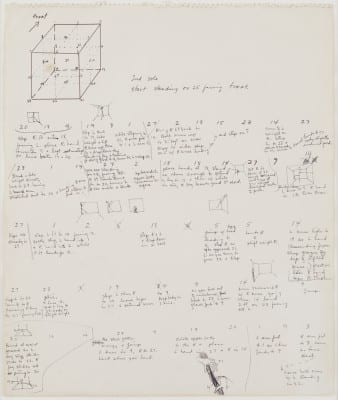 Trisha Brown, Untitled (Locus), 1975, ink and graphite on paper, 8 pages, 5 pages 12 x 9 in. (30.6 x 22.9 cm), 3 pages 17 x 14⅛ in. (43.2 x 35.9 cm) (artwork © Trisha Brown; photographs provided by Sikkema Jenkins & Co., New York)