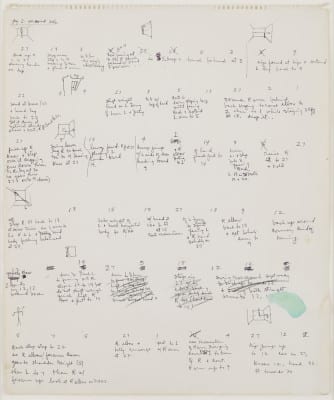 Trisha Brown, Untitled (Locus), 1975, ink and graphite on paper, 8 pages, 5 pages 12 x 9 in. (30.6 x 22.9 cm), 3 pages 17 x 14⅛ in. (43.2 x 35.9 cm) (artwork © Trisha Brown; photographs provided by Sikkema Jenkins & Co., New York)