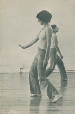 Postcard for Trisha Brown Company at Brooklyn Academy of Music—Lepercq Space, 1976, b/w offset printing on card, front and back, 6 x 4 in. (15.2 x 10.2 cm) (photograph © Babette Mangolte; images provided by Mona Sulzman) From left: Trisha Brown and Mona Sulzman