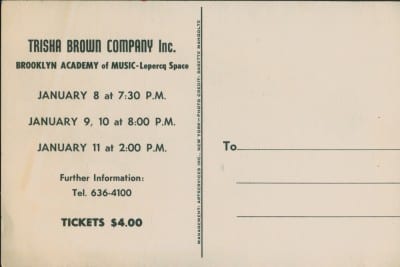 Postcard for Trisha Brown Company at Brooklyn Academy of Music—Lepercq Space, 1976, b/w offset printing on card, front and back, 6 x 4 in. (15.2 x 10.2 cm) (photograph © Babette Mangolte; images provided by Mona Sulzman)