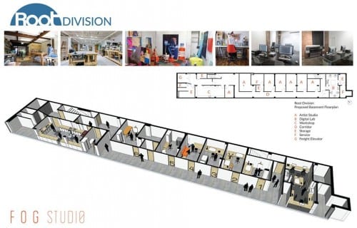 The proposed floor plan for Root Division’s lower level. The studios and woodshop opened on August 1, 2016.  (image provided by Root Division)