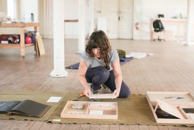 Patricia Fernández Carcedo working in her studio during her fall 2015 residency at Headlands Center for the Arts, Sausalito, California (artwork © Patricia Fernández Carcedo; photograph by Andria Lo, provided by Headlands Center for the Arts)