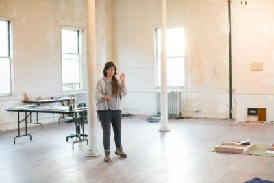 Patricia Fernández Carcedo speaking at a public event during her fall 2015 residency at Headlands Center for the Arts, Sausalito, California (photograph by Andria Lo; provided by Headlands Center for the Arts)