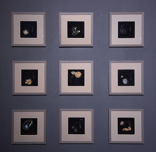 Anna Dumitriu, Faster Mutation, 2015–2016, replica plating velvet squares printed with engineered yeast cells, embroidery, appliqué, and plasmid DNA, made in collaboration with Ziwei Zhong (Liu Lab, University of California, Irvine) (artwork © Anna Dumitriu; photograph provided by Beall Center for Art + Technology, University of California, Irvine)