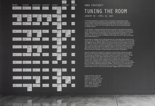 Wall didactic and calendar of events for Anna Craycroft’s Tuning the Room, 2017 (photograph provided by Ben Maltz Gallery at Otis College of Art and Design)