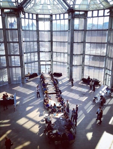 Marie Watt, Sewing circle, National Gallery of Canada, Ottawa, 2015 (photograph by Sean Su; photograph provided by National Gallery of Canada)  At the National Gallery of Canada, 230 people took part in a three-hour sewing circle. 