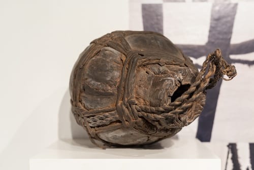 Unidentified artist, Rendille vessel, camel leather, ca. 1960s–1970s, installation view, Made to Move: African Nomadic Design, Handwerker Gallery, 2017. Collection of Herbert F. Johnson Museum of Art (photograph by Risham Majeed)