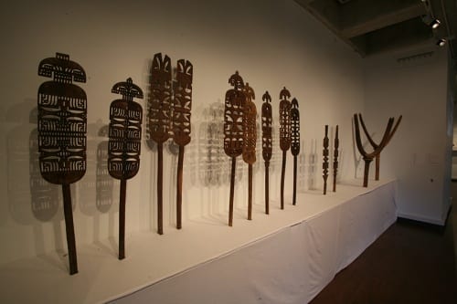 Unidentified artists, Tuareg (Mali, Niger), three different types of tent posts, ca. 1970s (possibly earlier), wood and metal, installation view, Made to Move: African Nomadic Design Handwerker Gallery, 2017. Collection of Herbert F. Johnson Museum of Art and collection of Amyas Naegele (photograph by Risham Majeed)