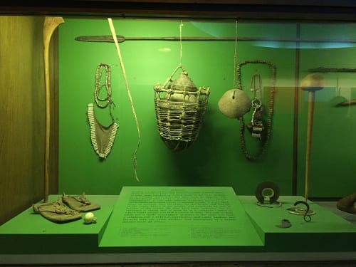 Installation of East African nomadic objects (opposite the Pokot diorama), American Museum of Natural History, New York, 2016 (photograph by Risham Majeed)