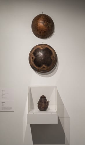 Unidentified artists, the “repair wall” with Borana (Kenya) and Tuareg (Mali, Niger) vessels, ca. 1950s–70s, installation view, Made to Move: African Nomadic Design, Handwerker Gallery, 2017. Collection of Herbert F. Johnson Museum of Art (photograph by Andreas Hunziker)
