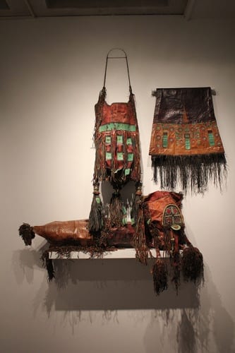 Unidentified artists, Tuareg (Mali, Niger), three leather bags, ca. 1970s, goat skins, plastic wire, and pigment, installation view, Made to Move: African Nomadic Design, Handwerker Gallery, 2017. Collection of Herbert F. Johnson Museum of Art (photograph by Risham Majeed)