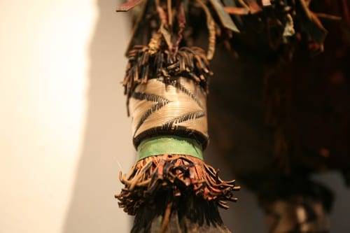 Details of the bags showing colorful plastic wire, which is acquired in markets and then artfully applied to reinforce the extremities while also complementing the overall color palette. Collection of Herbert F. Johnson Museum of Art (photograph by Risham Majeed)