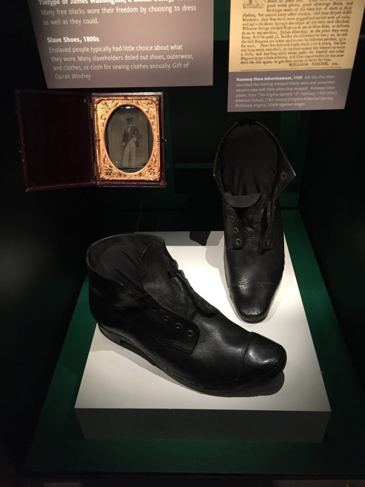 Pair of slave shoes juxtaposed with a tintype of James Washington