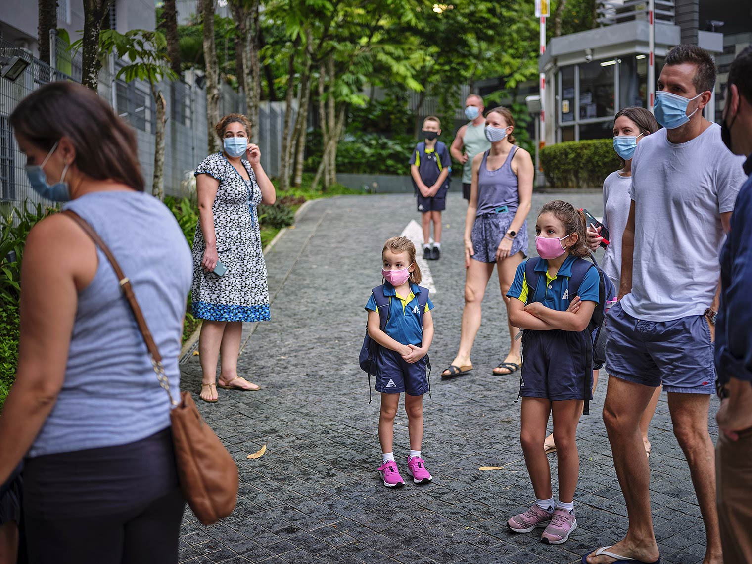 Masked white families standing near each other by a palm-tree lined residential street