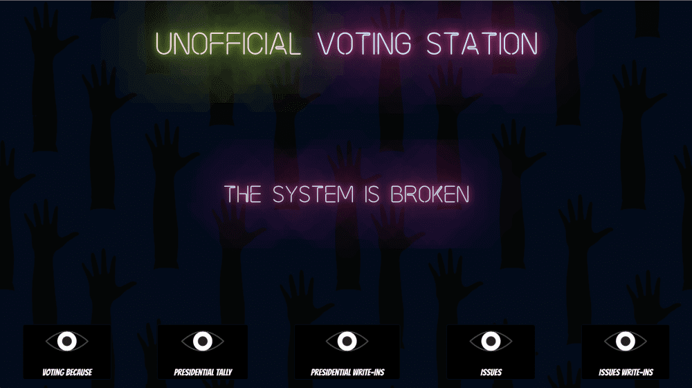 Screenshot of "Official unofficial votes" website. The words "Unofficial Voting Station" glow at the top; text in the middle says "The System is Broken" over a background of upraised hands